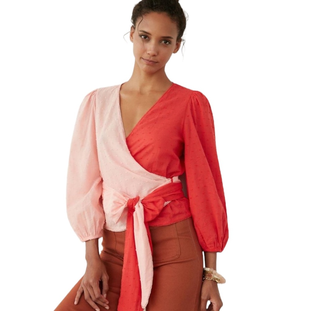 NWT Anthropologie Farm Rio Pink & Red Colorblock Wrap Blouse Top Size Medium